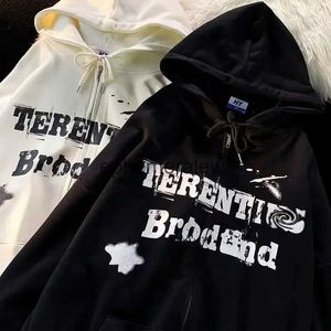 Herrtröjor tröjor spårar 2022 Autumn Winter Retro Loose Zip Up Hooded Letter Print Y2K Harajuku Casual Long Sleeve Sweatshirt Coatsephemeralew