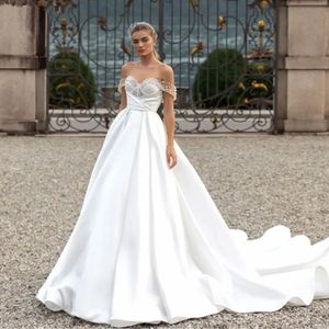 Modern A-Line Wedding Dress Sweetheart Off Shoulder Pearls Beading Backless Satin Bridal Gown Court Train Custom Made