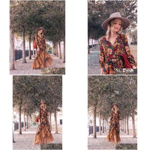 Grundläggande avslappnade klänningar Casual Dresses 2022 Autumn Floor Length Dress Womens Long Sleeve Printing Floral Vintage Irregar Maxi Mujer CH DHP91