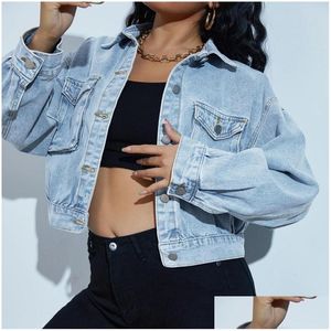 Women'S Jackets Womens Jackets Female Short Denim Coat Casual Long Sleeve Single Breasted Coats Drop Shoder Pocket Jacket Women Crop T Dhkl3