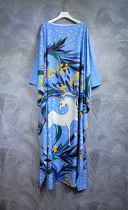 2024 Spring Floral Print Dress Blue Batwing Sleeve Round Neck Long Maxi Casual Dresses A3J121437