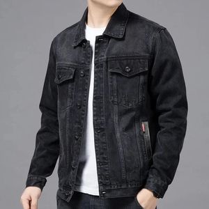 Män svart denimjacka streetwear vårens höst vintage casual långa ärmar toppmode vriddown krage lös kappa 240117