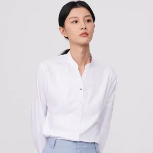 Women's Blouses Office Lady V-Neck Stand Collar Slim-fit Shirts Without Pocket Long Sleeve Bamboo Fiber Versatile Female