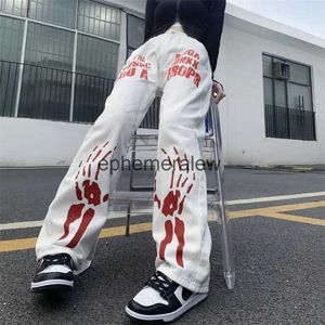 Women's Jeans High Street Skeleton Hand Bone Jeans Tide Brand Ins Retro Street Washed White Straight Men and Women Summer Autumn Trousersephemeralew