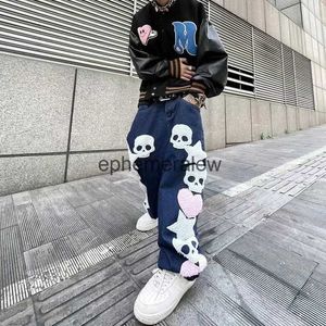 Herrbyxor europeiska och amerikanska retro street hip-hop broderi överdimensionerade jeans män y2k high street all-match byxor par modellsephemeralew