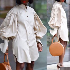 Basic & Casual Dresses 5 Colors Women Dresses Long Puff Sleeve Lapel Shirt Dress Spring Elegant Party Casual Drop Delivery Apparel Wo Dh8A7