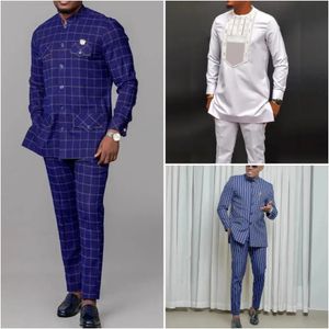 Abiti da uomo per matrimonio Colletto alla coreana Camicia a maniche lunghe scozzese Pantaloni Etnici africani Business 2 pezzi Set di abbigliamento uomo Abiti 240117