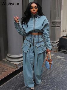 Denim Stand Collar Long Sleeve Jackets Crop Top and Pockets Wide Leg Cargo Pants Two Piece Set Women Street Loose Jeans Outfits 240117