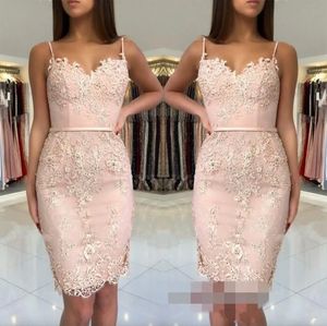 Pink Cheap Blush Homecoming Dresses Lace Appliques Short Mini Spaghetti Straps Sashes Sheath Sweetheart Party Graduation Tail Gowns
