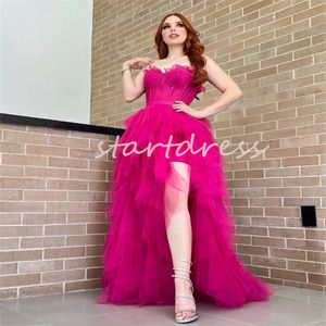 Charming Hot Pink Tiered Ruffles Prom Dress With Slit Elegant Sweetheart Floor Length Tulle Lace Evening Dress 2024 Special Occasion Dance Dinner Party Gowns Fancy