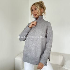 Suéter feminino europeu e americano com zíper feminino outono e inverno novo all-match elegância casual fenda manga comprida tricô suéter 2023