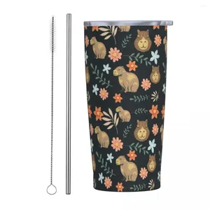 Tumblers Kawaii Capybara Floral Insulated Tumbler With Straws And Lid Animal Lover Stainless Steel Thermal Cup 20 Oz Office Home Mugs