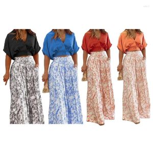 Women's Pants Women Set Two Piece Outfits Set V Neck Tshirt och Long Palazzo N2UE