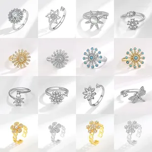 Cluster Rings Jisensp Fidget Spinner Ring Anxiety For Women Multiple Crystal Flower Geometric Finger Rotate Anti Stress Wedding Jewerly