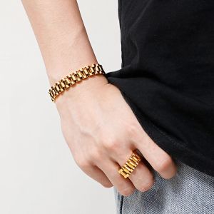 10MM Wide Watch Strap Chain Bracelet Men Luxury 14k Yellow Gold Bracelets For Women Finger Ring Mens On Hand Jewelry