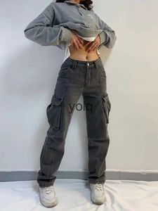 Women's Jeans New Cargo Straight Wide Street Zipper Pocket Button Daily Long JeansLeg Jeans High Waist Retro Cargo Pants women jeansyolq