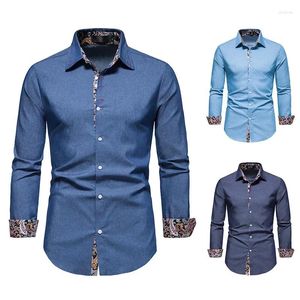 Camisas casuais masculinas 2024 camisa de vestido botão de manga comprida denim cor contrastante