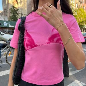 Y2Kクロップトップ美学服女性夏のブラジャープリントラウンドネック短袖TシャツTシャツカジュアルストリート衣料240118