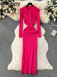 Slim Fit Knit Dress Turndown Collar Single Breasted Hela ärmar Autumn Women Elegant BodyCon Long Standed Dress 240117