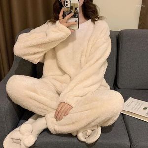 Women's Sleepwear 2024 Women Pajamas Set Winter Solid Velvet 2 Piece Pant Home Suit Fluffy Casual Piiama Warm Flannel Night Wear