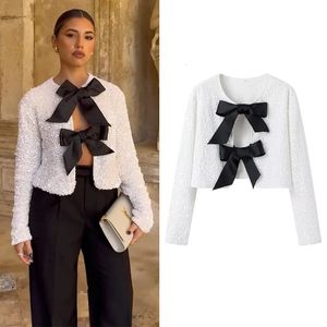 Traf lantejoulas borboleta cortada jaquetas para mulheres arco glitter prateado branco preto jaqueta moda colheita jaqueta brilhante festa outerwear 240118