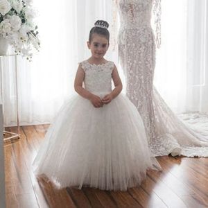 White Flower Girl Dresses Tiered Tulle Lace Bow at Back Princess Queen Flowergirl Dresses Ball Gowns Little Girls Birthday Party Gown Daughter and Mother Dress CF031