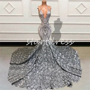 Lindo prata 3d florais vestido de baile 2024 sexy halter profundo decote em v sereia lantejoulas vestidos de noite sem costas fishtail preto meninas formal vestido de aniversário vestidos de noche