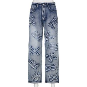 Kvinnors streetwear blå brev broderi hög midja y2k koreansk stil hiphop rak denim pojkvän jeans för kvinnor byxor