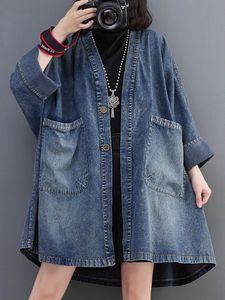 Giubbotti per le donne 2023 Primavera Autunno Vintage con scollo a V Tasca Giacca di jeans Allentati Trench oversize Top Blue Jean Donna 240117