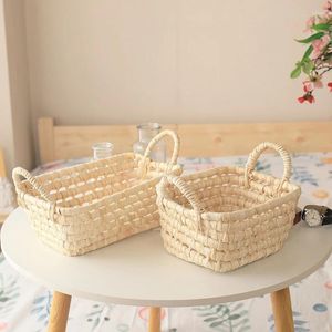 Plates Handmade Straw Storage Basket Corn Husk Fruit Sundries Organizer Plant Box Flower Pot With Handle