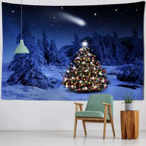 Tapestries Christmas Decorative Tapestry Wall Hanging Night Snowy View Tree Home Decoration Blanket Giftvaiduryd