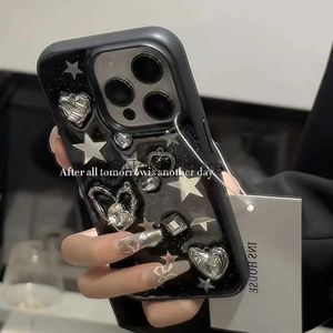 Capas de telefone celular Ins Sweet Cool Black Star Phone Cases para IPhone 11 12 13 14 Pro Max para IPhone Coreano Vintage Love Gem Phone Case Coração Único J240118