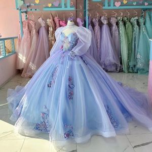 Znakomite niebo niebieskie quinceanera długie rękawy suknia balowa kwiatowy Kryształowy koralik Słodka 16 sukienek 15. impreza