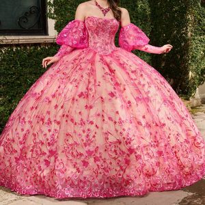 Gorący różowy zdejmowany rękawa pufluj sukienka Quinceanera Applique koronki vestidos de 15 quinceanera Sweet 16 sukienki kwiatowe wieczorne impreza