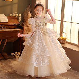 2024 Princess Flower Girls Pageant -klänningar Applique Långa ärmar Little Girl Dresses For Wedding Crystals Lace Pärled Tulle Puffy Kids Communion Dress 403