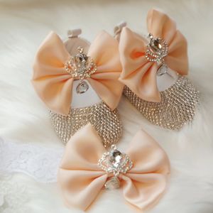 Dollbling Delicate Apricot Butterfly Baby Shoes Headband Set Luxury Diamond Fluff Outfit Red Bottom Little Girl Baptism Shoes 240117
