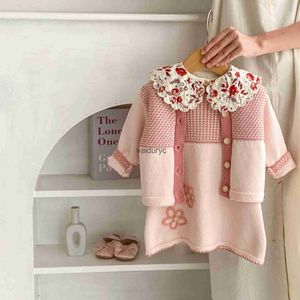 Set di abbigliamento 2024 Primavera New Baby Girl lavorato a maglia Set casual infantile senza maniche fiore ricamo abito + cardigan cappotto 2 pezzi vestito bambino Outfitsvaiduryc