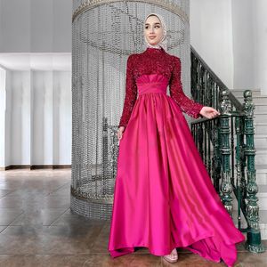 Sparkling Sequined Muslim Prom Dresses High Collar Long Sleeve Pleat Asymmetrical Special Occasion Dress Kafan vestidos de novia