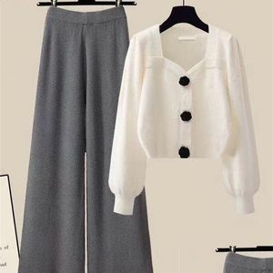 Women'S Two Piece Pants Womens Two Piece Pants Winter Knit Sets Outfits French Vintage Square Collar Knitted Sweater And Wide Leg Pie Dhfli