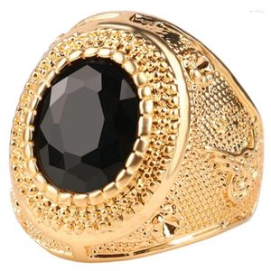 Klusterringar Herrguldfärg Big Black Oval Geometric Crystal Rhinestone Zircon Finger Ring för manliga festsmycken Size 6-13