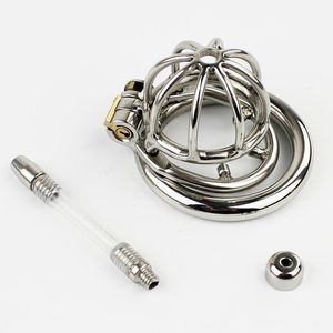 Chastity Devices Dormant Lock Design Short Male Stainless Steel Curve Cock Penis Cage W Silica Gel Catheter Chastity Belt Ring BDSM Sex Toy460