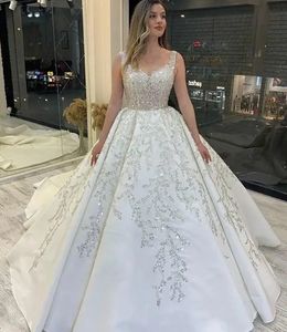 White Wedding Dresses Ivory Bridal Gowns Formal Custom Zipper Lace Up Plus Size New Floor-Length Sweetheart Sleeveless Satin Sequins Beaded Sweep Train