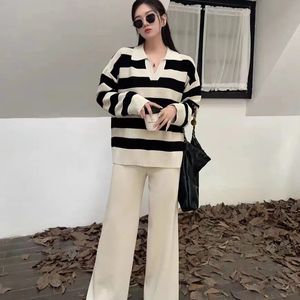 Retro Lazy Style Two Piece Set Womens Outifits Autumn/Winter Stripes Lapel Sticked Pullover Women Sweater and Wide Leg Pants 240117