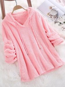 Hoodies das mulheres Mulheres Quente Sólido Fluffy Hoodie Flanela Pulôver 2024 Outono Inverno Manga Longa De Pelúcia Pijama Solto Moletons Tops Feminino