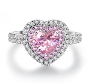 European Pink Love Heart-Shaped Ring White Gold Plated Boutique Women's Ring Zircon Full Diamond Ring