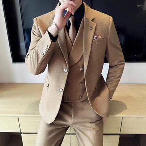 Men's Suits 2024 Fashion Men Blazers Boutique Business Plaid Wool Striped Wedding Host Suit 3 Pcs Dress Jacket Coat Vest Pants Trousers