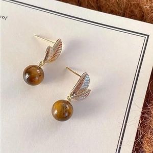 Stud Earrings Real 925 Sterling Silver Maillard Tiger's Eye Stone Leaves For Women Fine Jewelry Minimalist Accessories