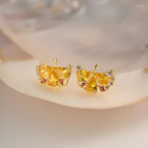 Orecchini a bottone ALLME Lusso Scintillante CZ Cubic Zirconia Foglia cava Folium Ginkgo Orecchino in ottone placcato oro 14 carati per le donne Femminili