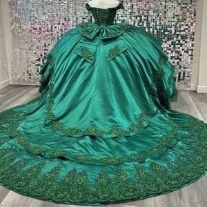 Zielony błyszczący z ramion sukienki Quinceanera koraliki aplikacje koronkowe słodkie 16 urodzinowe suknie balowe vestidos de 15