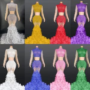 Stage Wear Multicolor Peals Diamond Long Dress Sexy Fur Trailing Evening Birthday Celebrate Outfit Women Prom Costume XS5035